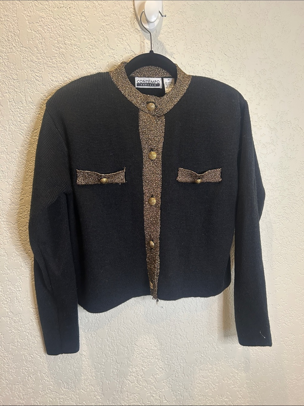 Vintage Contempo Black Knit Cardigan with Gold Trim
